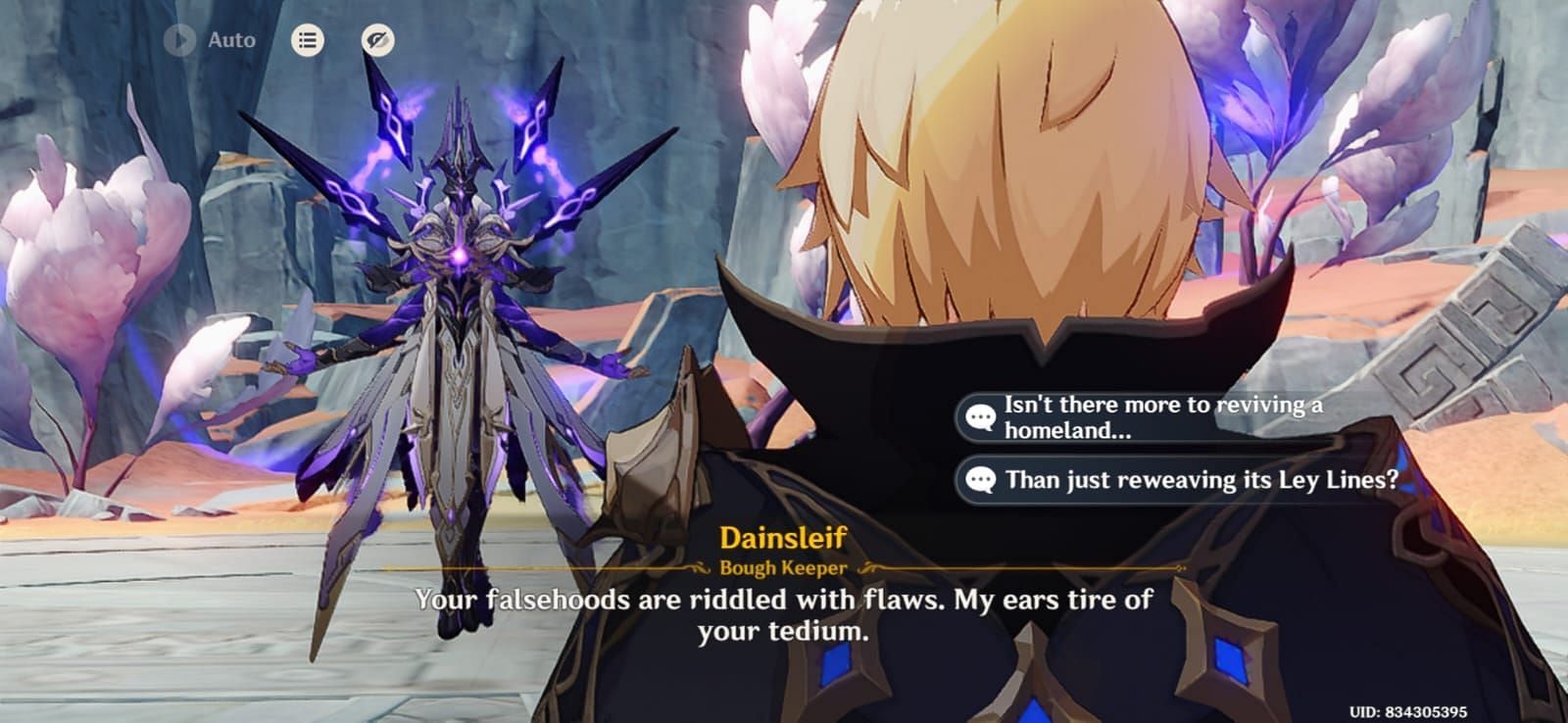 Dainsleif and the Traveler confronting the Iniquitous Baptist (Image via HoYoverse)